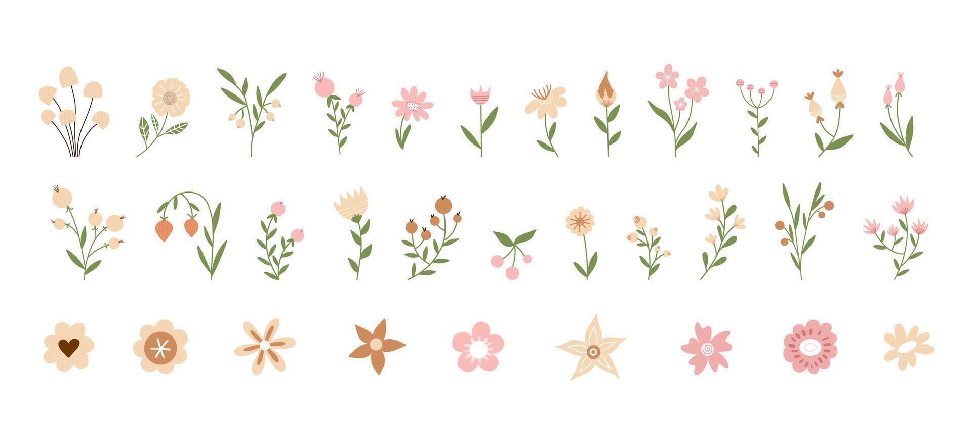 Collection of hand drawn flower cartoons. Cute illustration in flat trendy style with texture. For cards, posters, invitations vector