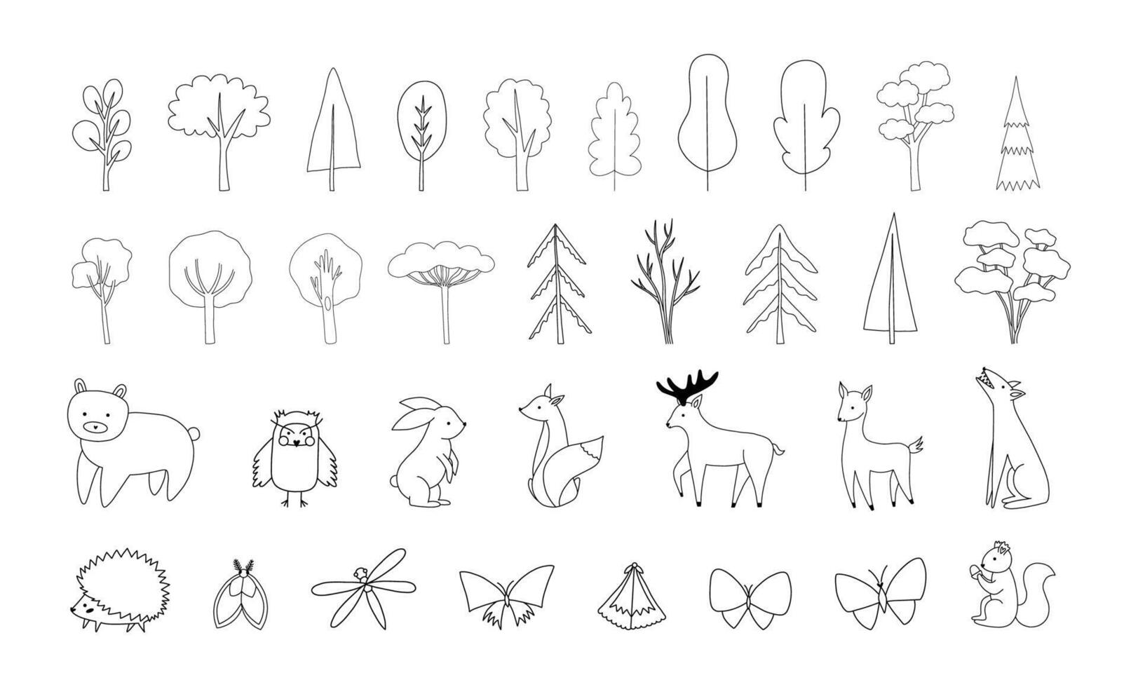 Woodland. collection in doodle style of wild animals and trees. Cute animals hand drawn cartoon. For coloring books, posters, cards vector