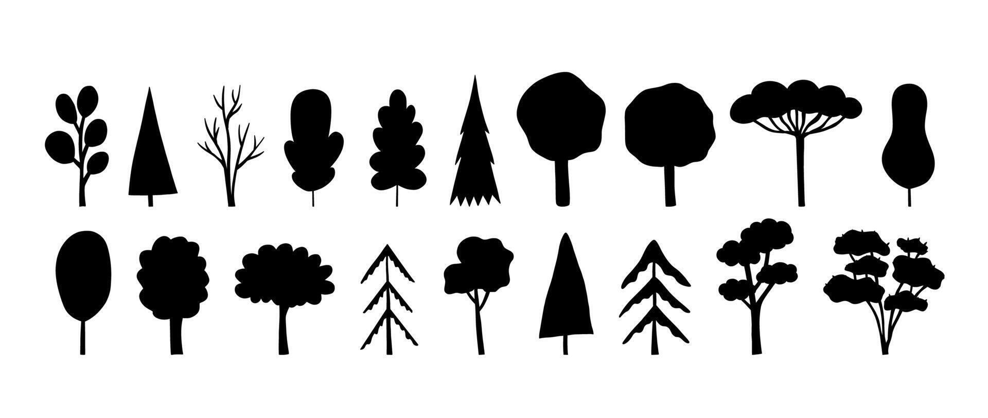 silhouettes of cartoon trees in black color. Cute hand drawn set vector