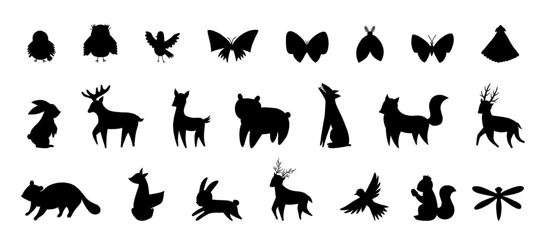 Set of cute hand drawn wild animals silhouettes. Woodland. Bear, wolf, fox, deer, elk, hare, squirrel, hedgehog, owl vector