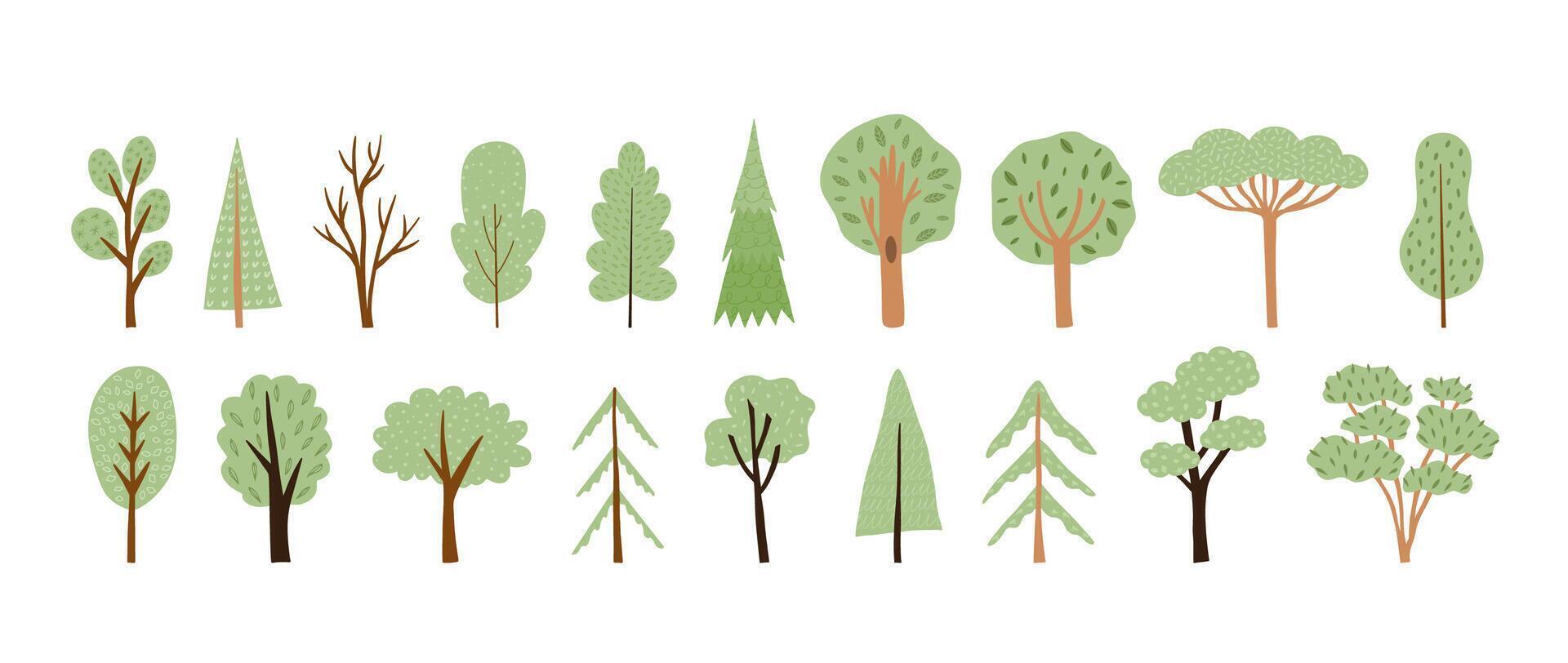 Big set of cute cartoon trees with texture. Interesting hand drawn elements for children's design. vector