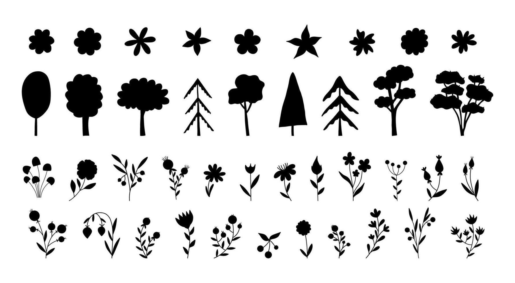 Big set of tree and flower silhouettes with plants. Hand drawn cute elements for your designs. vector