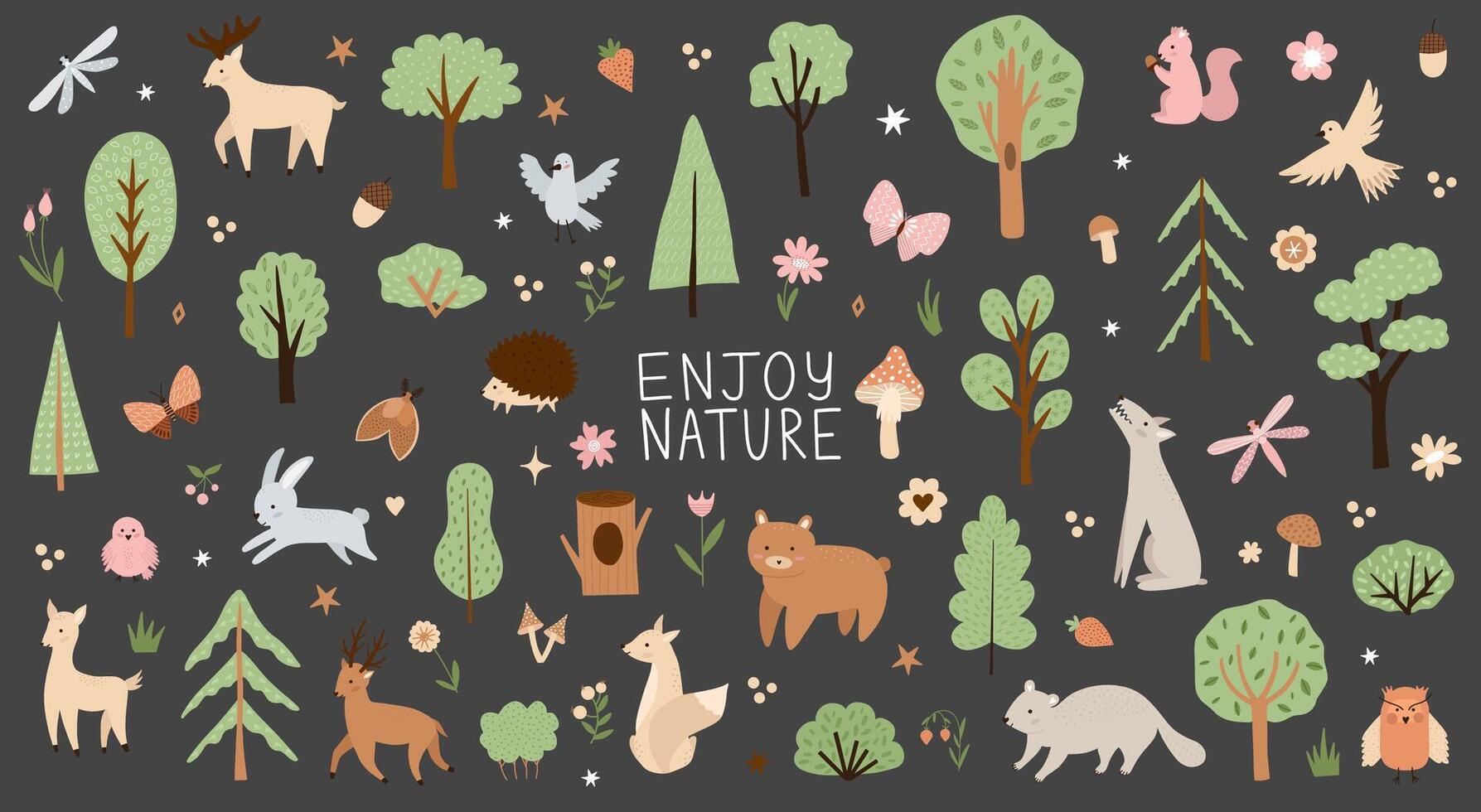 Woodland. Cute cartoon collection. Children set of hand drawn forest animals and trees with plants. vector