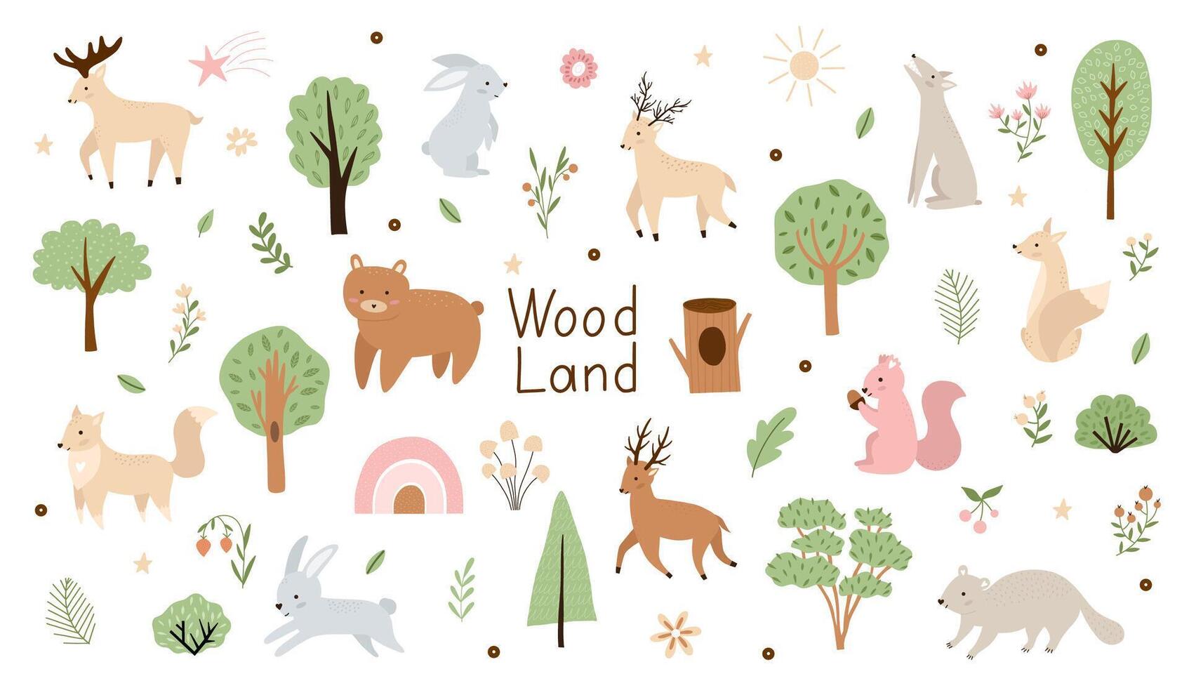 Woodland. Cute cartoon collection. Children set of hand drawn forest animals and trees with plants. vector