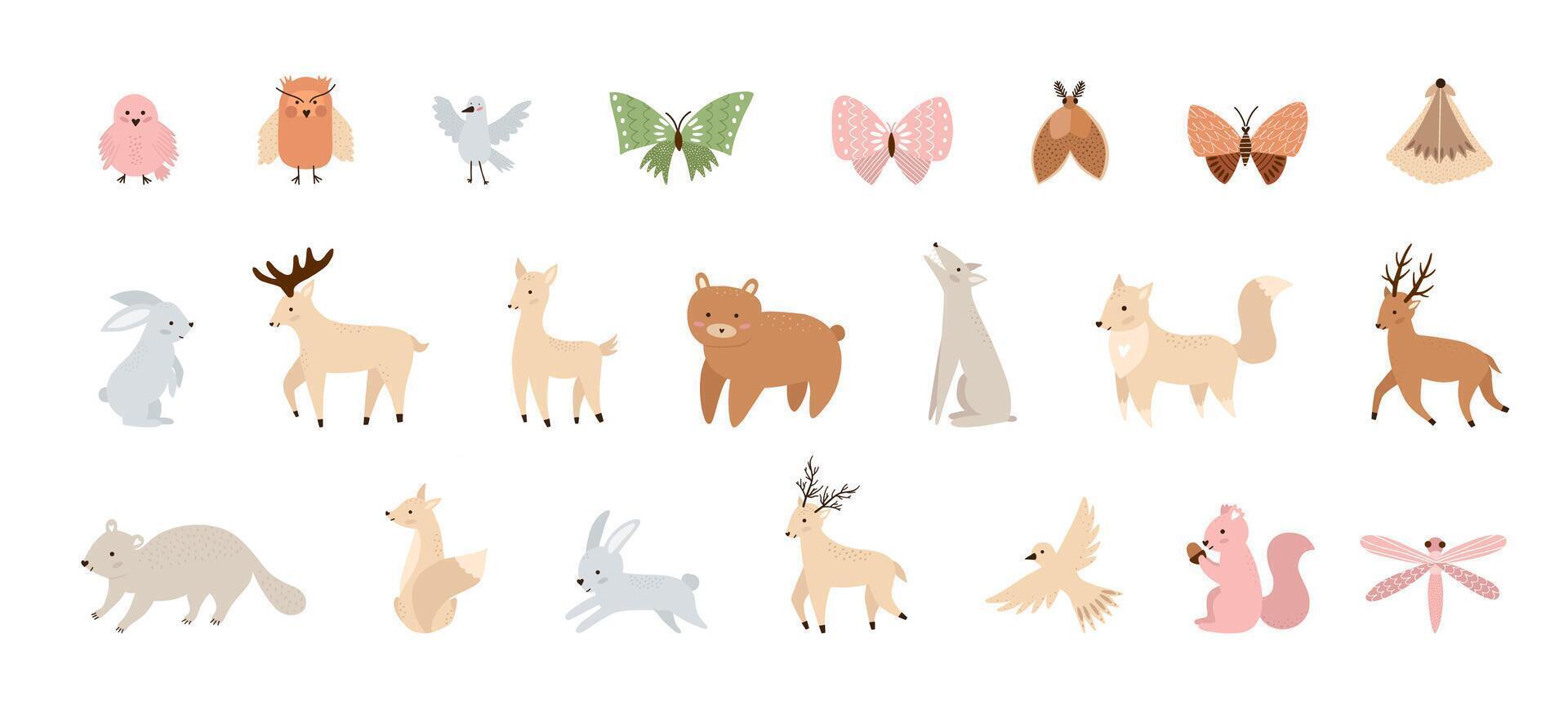 Woodland. Big set cartoon with wild animals, birds and insects. Cute hand drawn illustration in neutral tones with textures. vector