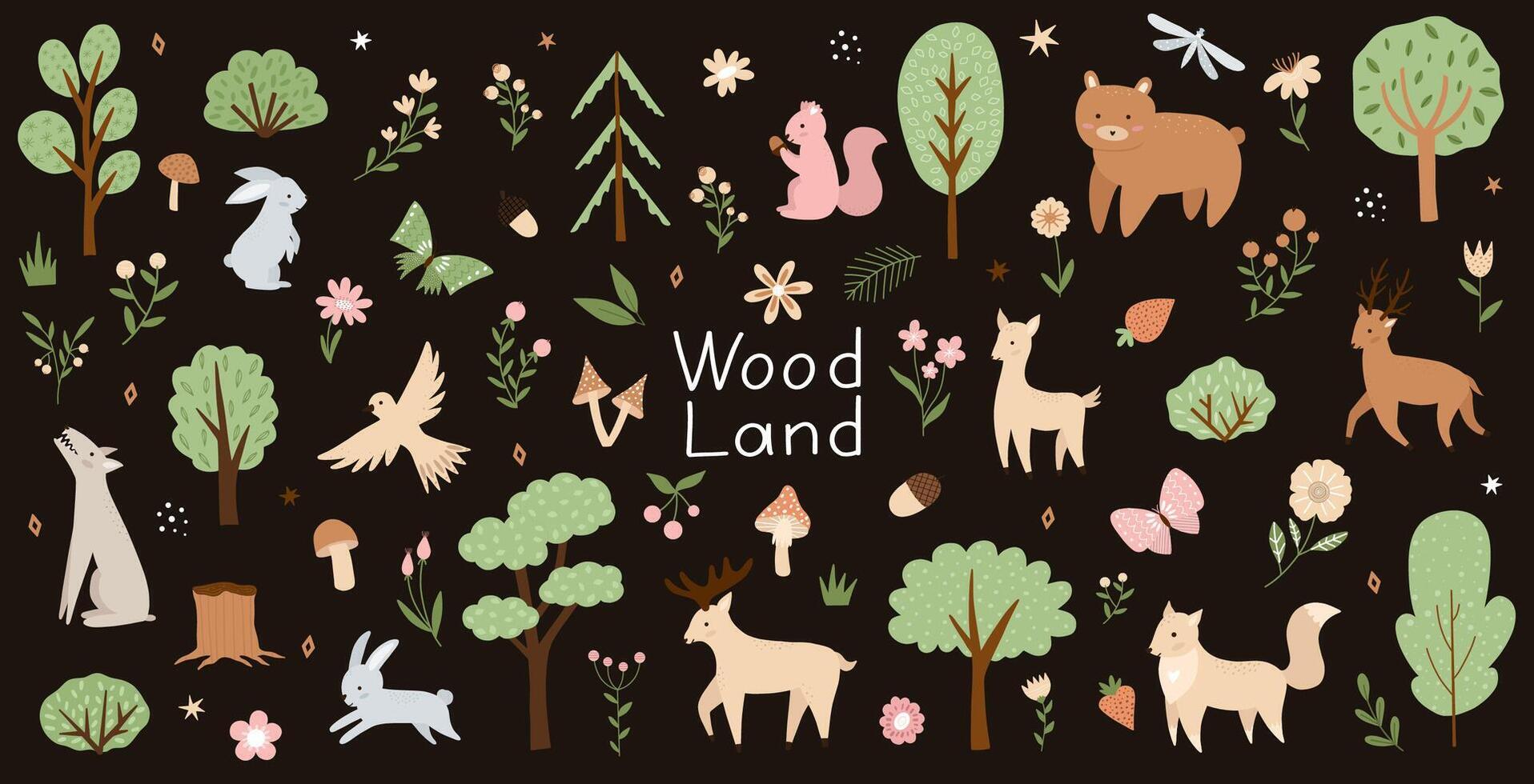 Woodland. Cute cartoon collection. Children set of hand drawn forest animals and trees with plants. vector