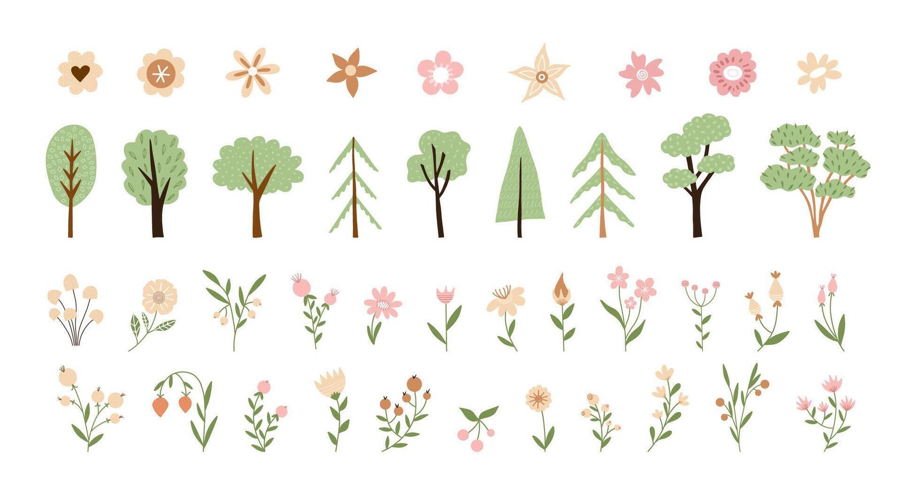 Collection of hand drawn flower and tree cartoon. Cute illustration in flat trendy style with texture. For cards, posters, invitations vector