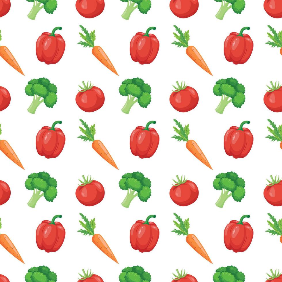 Seamless pattern with fresh vegetables - mulberry, broccoli, bell pepper and tomatoes on a white background. Can be used for tablecloths, wrapping paper, wallpaper, stationery. illustration vector