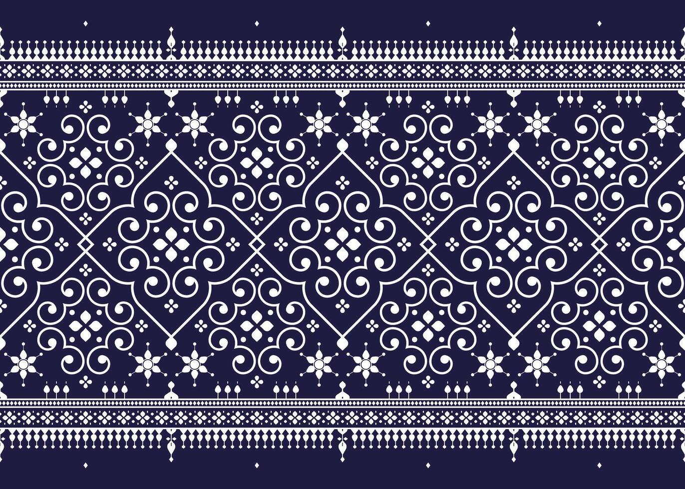 geometric ethnic fabric seamless pattern on dark blue background, design for cloth, carpet, batik, wallpaper, wrapping etc. vector