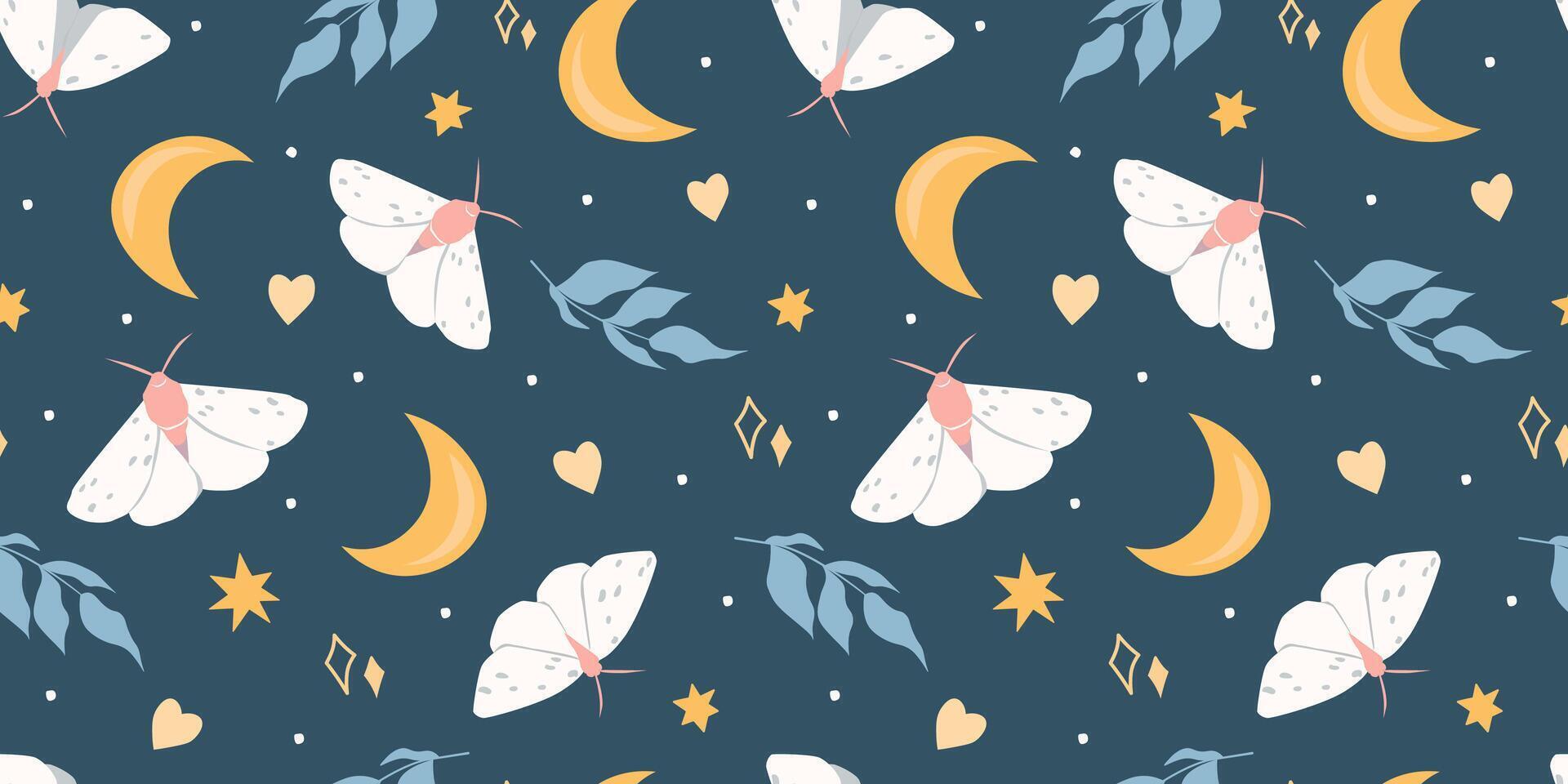 Seamless pattern with night sky with moon and stars and butterflies. Abstract mystical print. vector