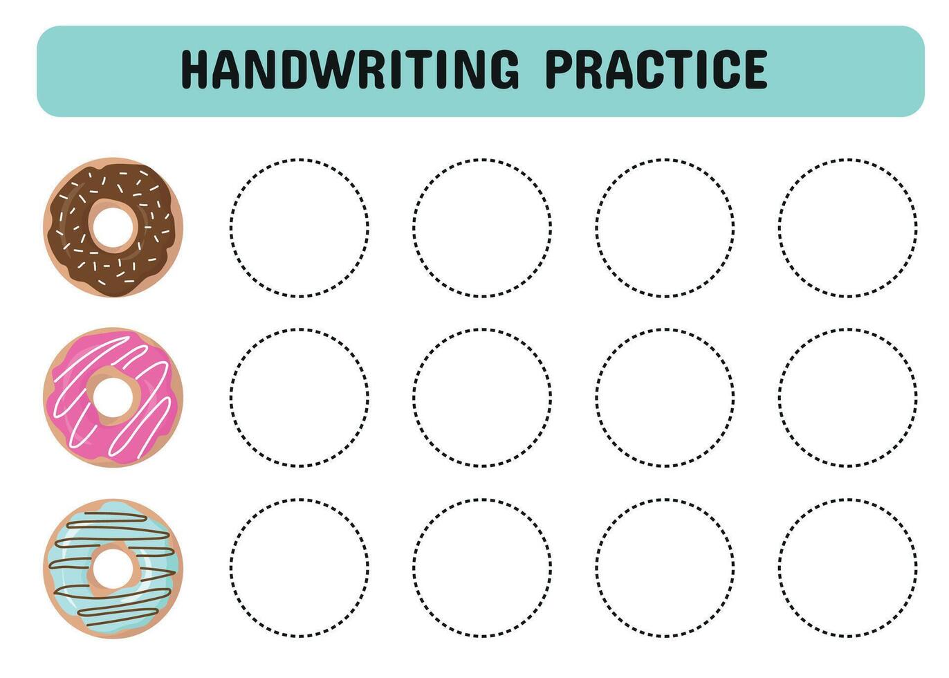 Handwriting practice with colored donuts. Tracing worksheet for children of kindergarten, preschool and school age. Trace a circle. illustration vector