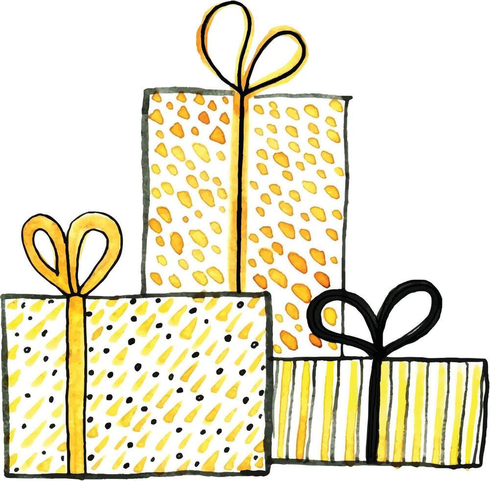 three watercolor hand-drawn golden gift boxes composition, design doodle element for cards, printing, packaging, posters. orange present for christmas, birthday, holiday, new year. vector