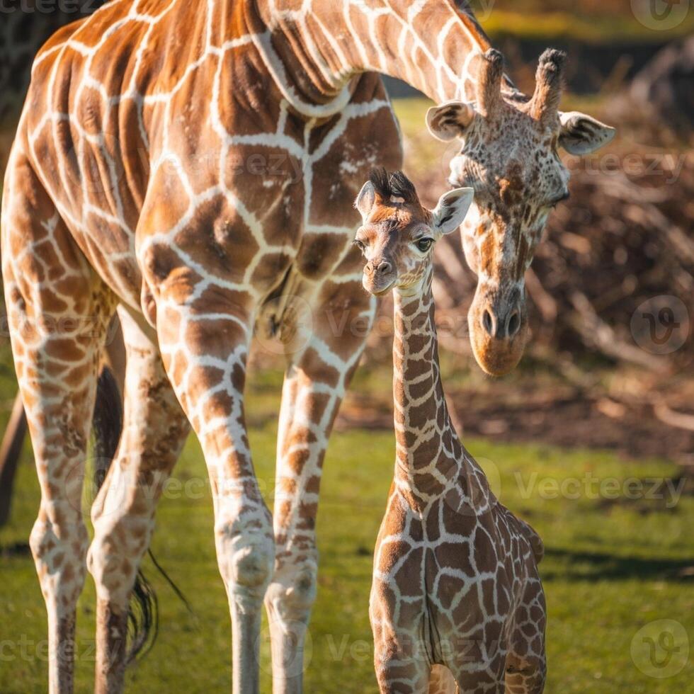 A giraffe walking on the grass in the zoo with bright sunlight during the day and trees outside - A little giraffe in the garden among the grass and trees photo