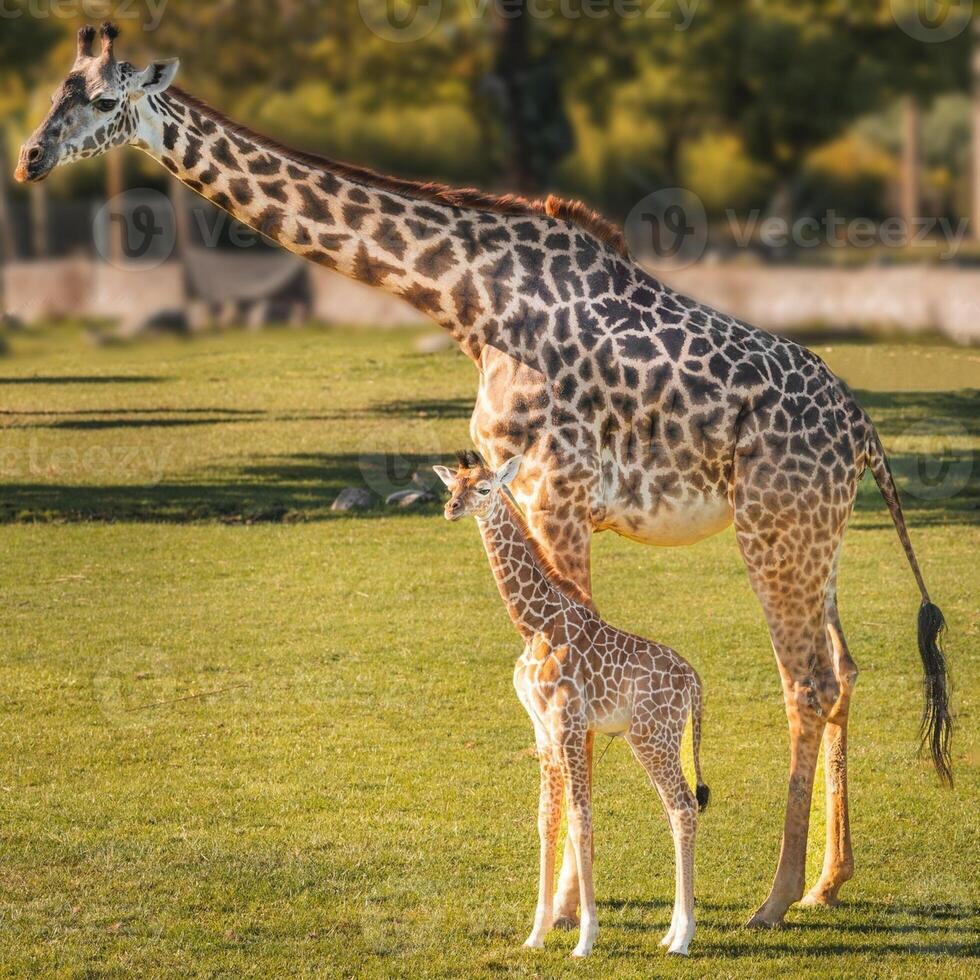 A giraffe walking on the grass in the zoo with bright sunlight during the day and trees outside - A little giraffe in the garden among the grass and trees photo