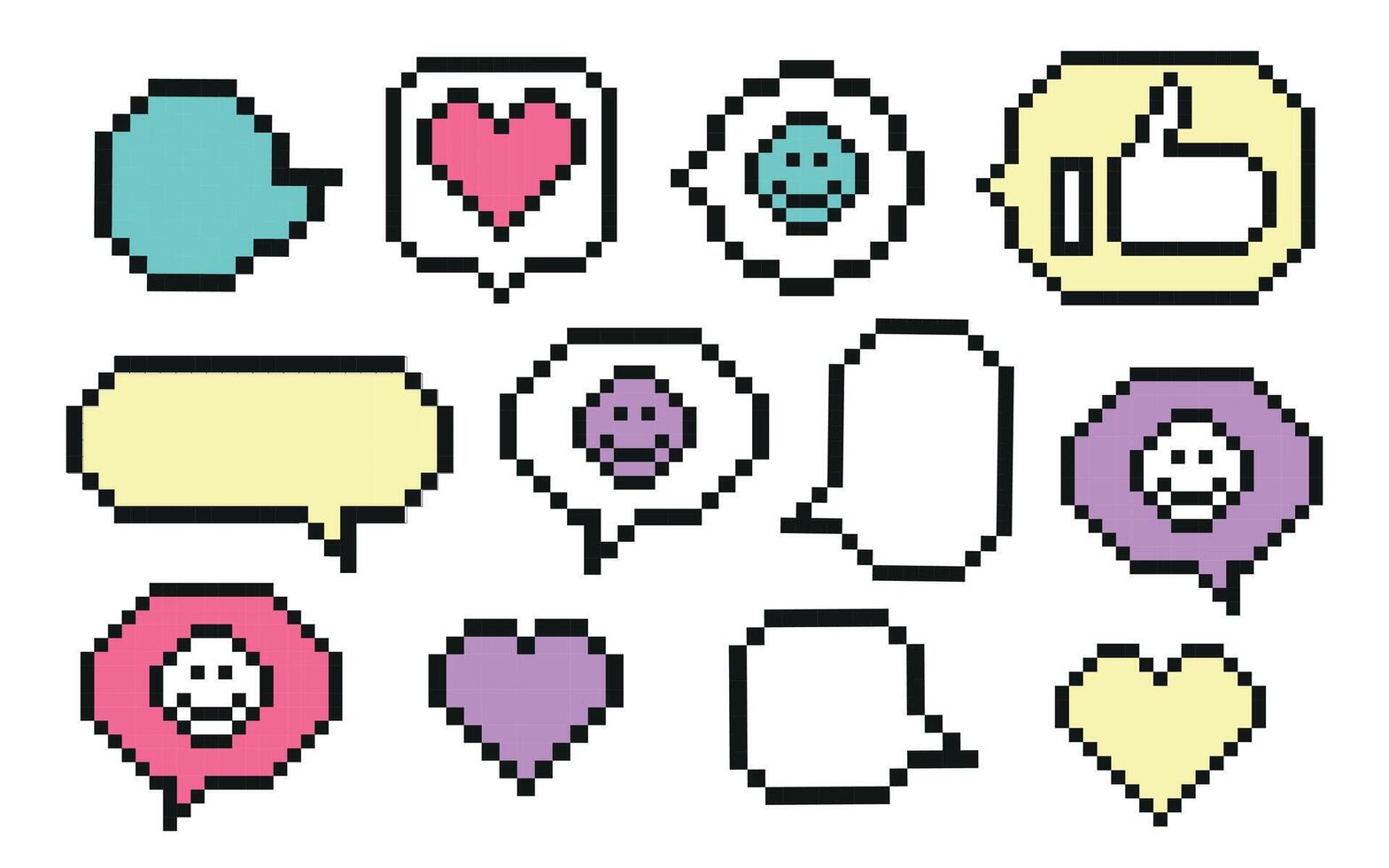 Collection of mixed pixelated speech bubble. Social network 8 bit pixel art icons pack. Notification set with heart, user, speech bubble, human hand. vector