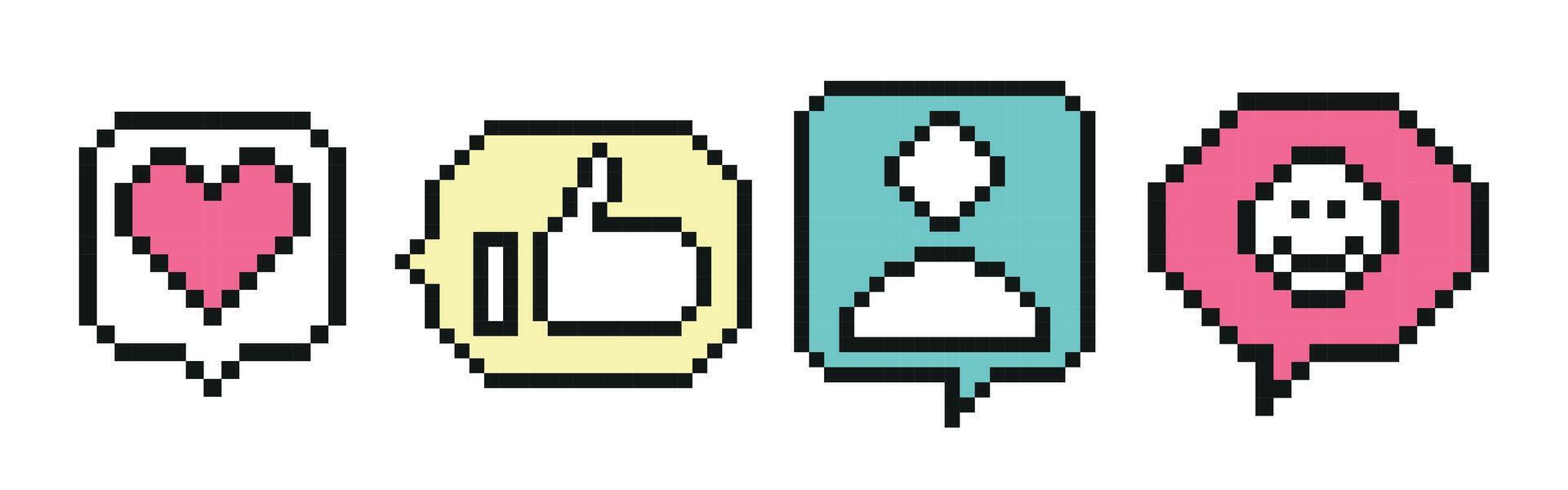 Collection of mixed pixelated speech bubble. Social network 8 bit pixel art icons pack. Like, comment, follow, thumb-up. Notification set with heart, user, speech bubble, human hand. vector