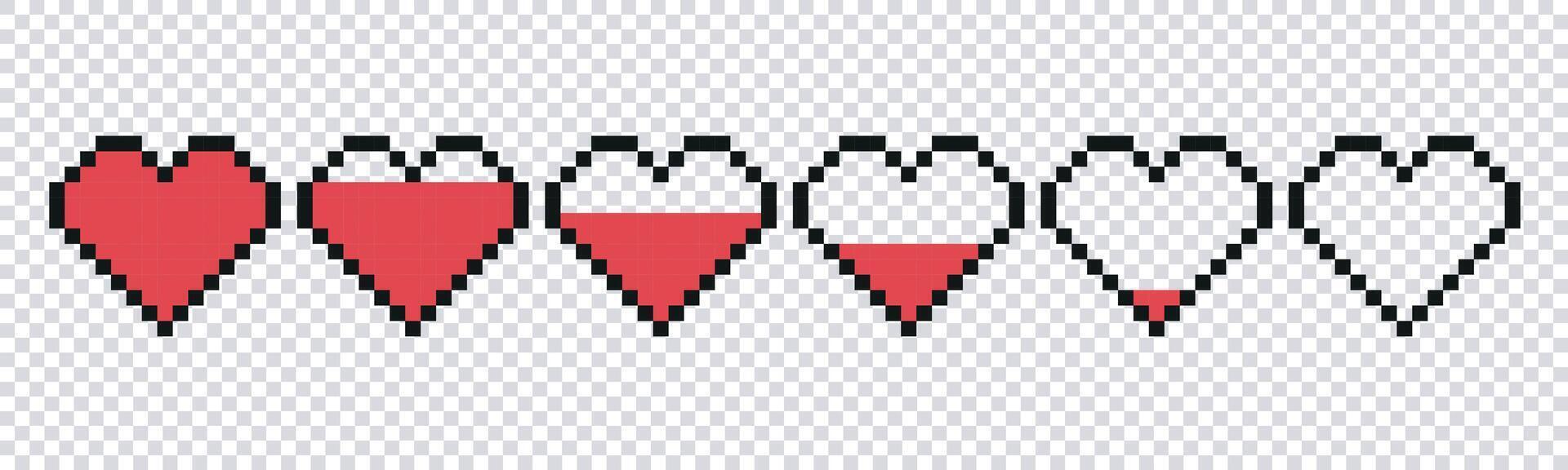 Set of pixel game life bar. Art 8 bit health heart bar. Heart gamer health sign. Pixel icon, illustration isolated on checkered background vector