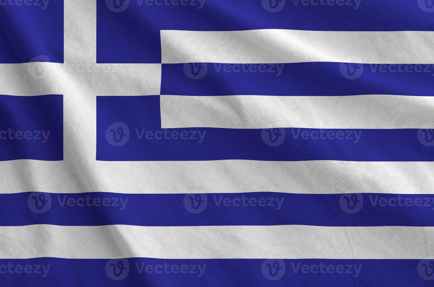 Greece flag depicted on folded wavy fabric of old cloth photo