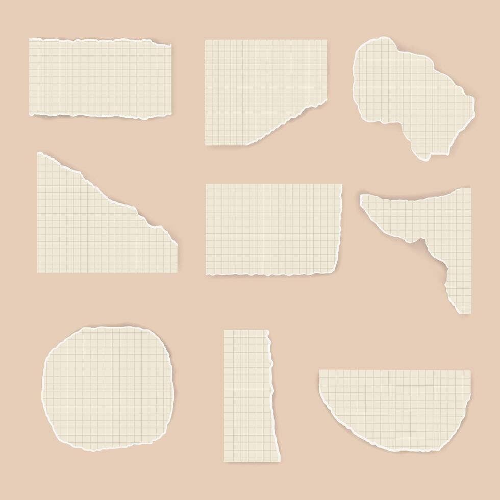 set of sheets of paper in a cage, with torn edges.The torn scrapbooking paper is old and yellow. Notebook sheets for notes on mathematics vector