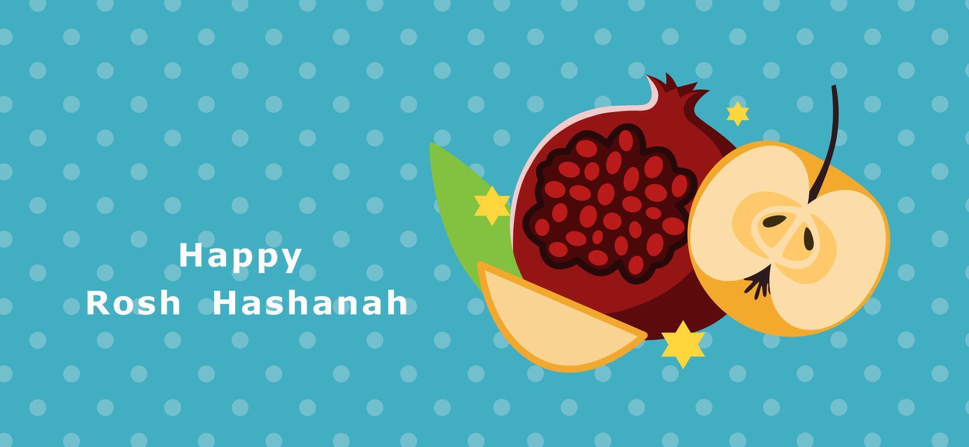Bright and festive Rosh Hashanah greeting card featuring a pomegranate and apple on a polka dot background. Perfect for celebrating the Jewish New Year vector