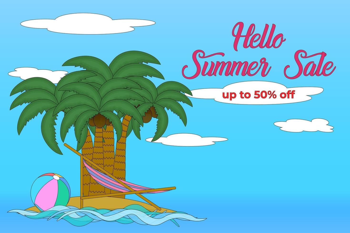 Bright and cheerful summer sale banner featuring palm trees, a hammock, and a beach ball. Perfect for promoting seasonal discounts. vector