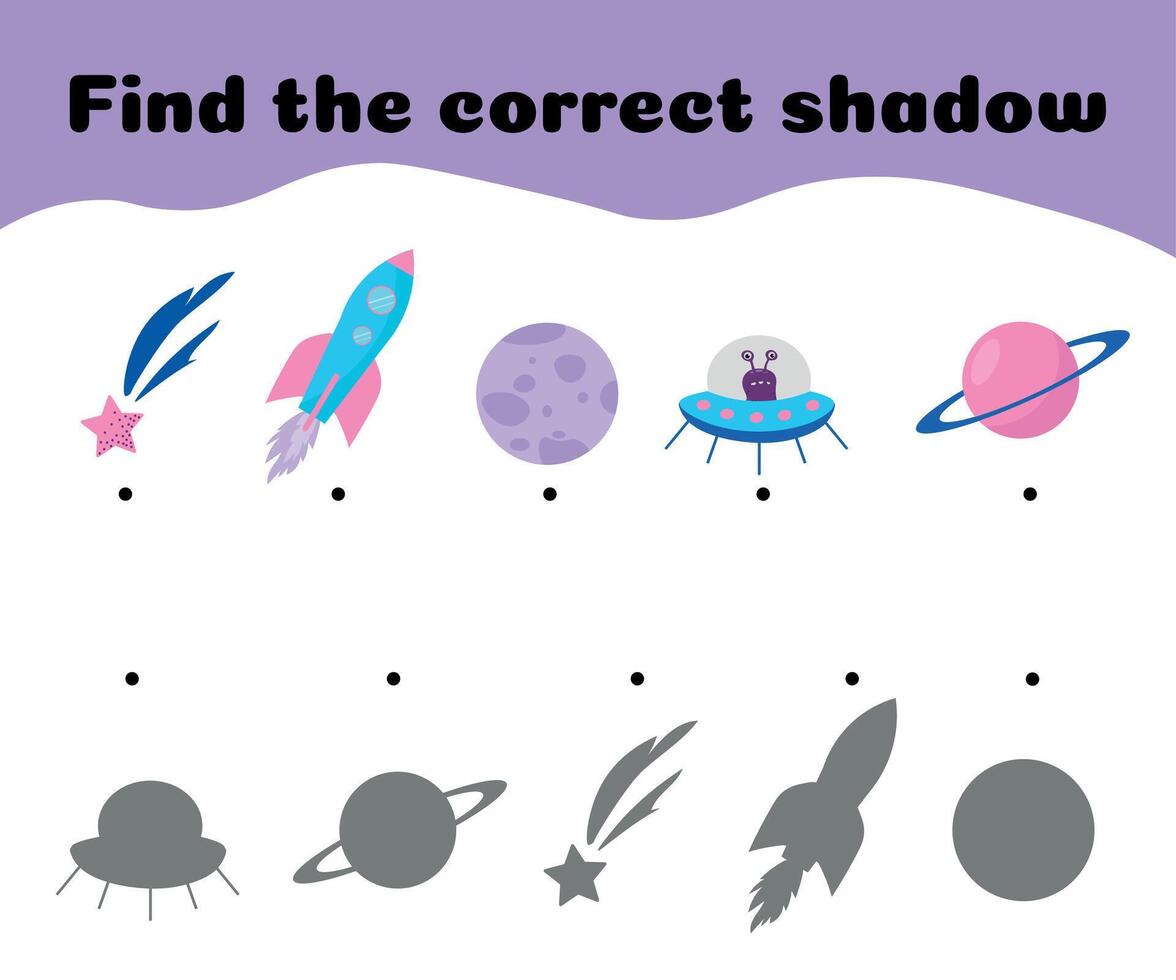 Find the correct shadows of cosmic elements, planets, rockets. Children's educational game. illustration vector