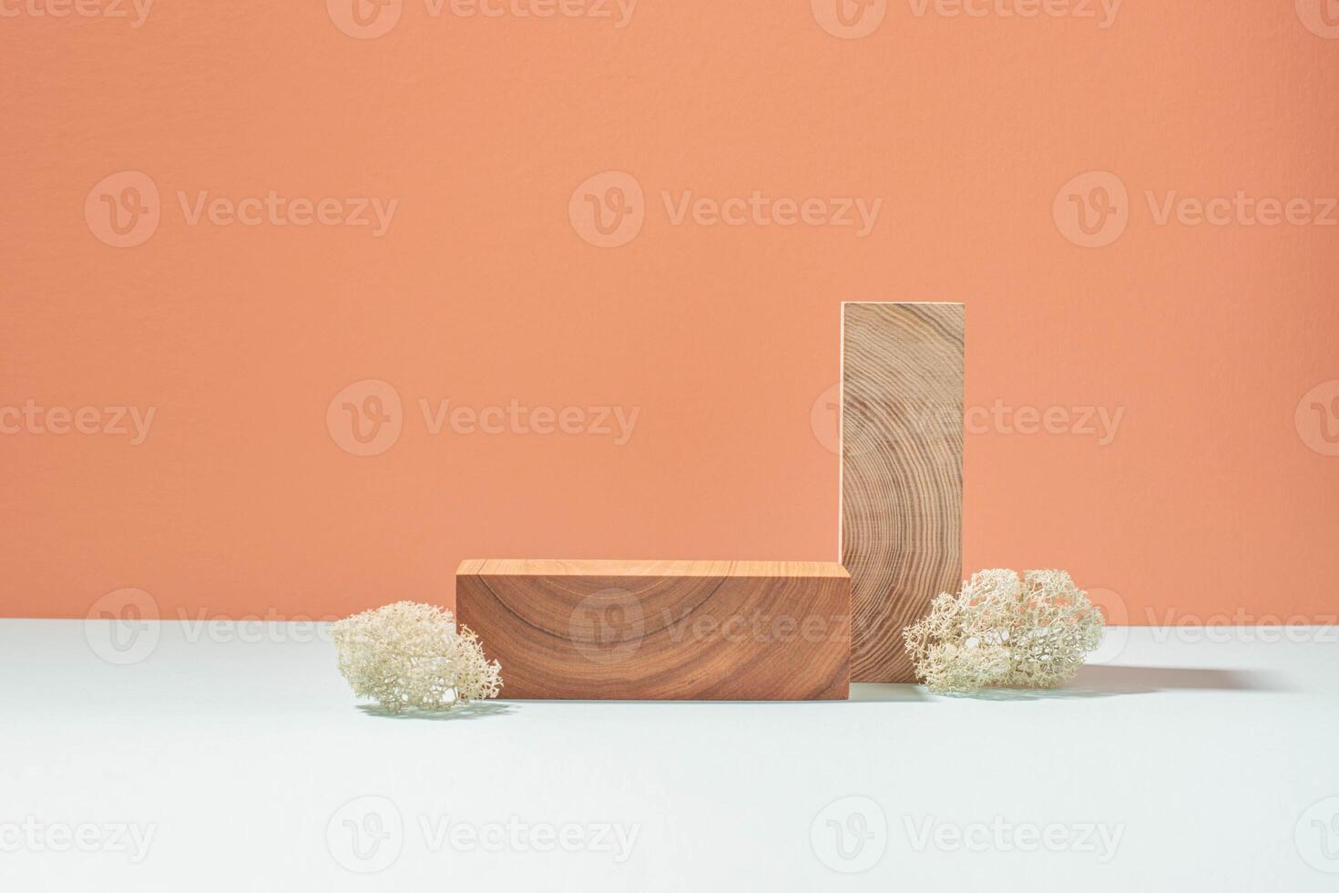 Abstract creative podium pedestal from natural materials, coral blue pastel background, hard shadow photo