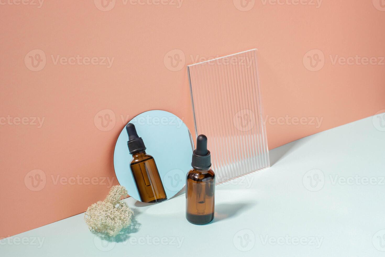 Cosmetic bottle pipette minimalist background, reflected in the mirror, background hard sunlight photo