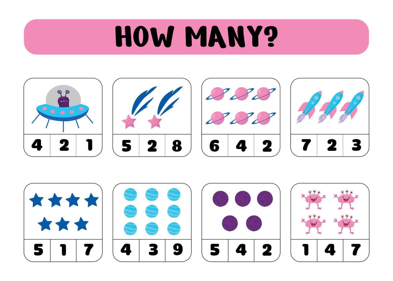 How many planets, rockets, stars, aliens. Educational math game. A counting game for children. illustration vector