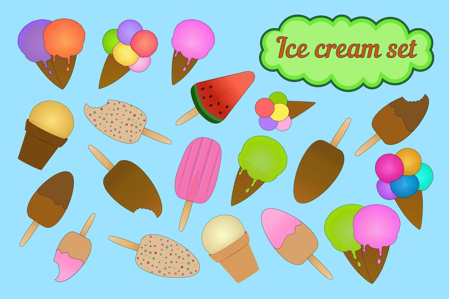A vibrant illustration featuring a variety of colorful ice creams in cones and on sticks. Perfect for summer-themed designs and projects. vector