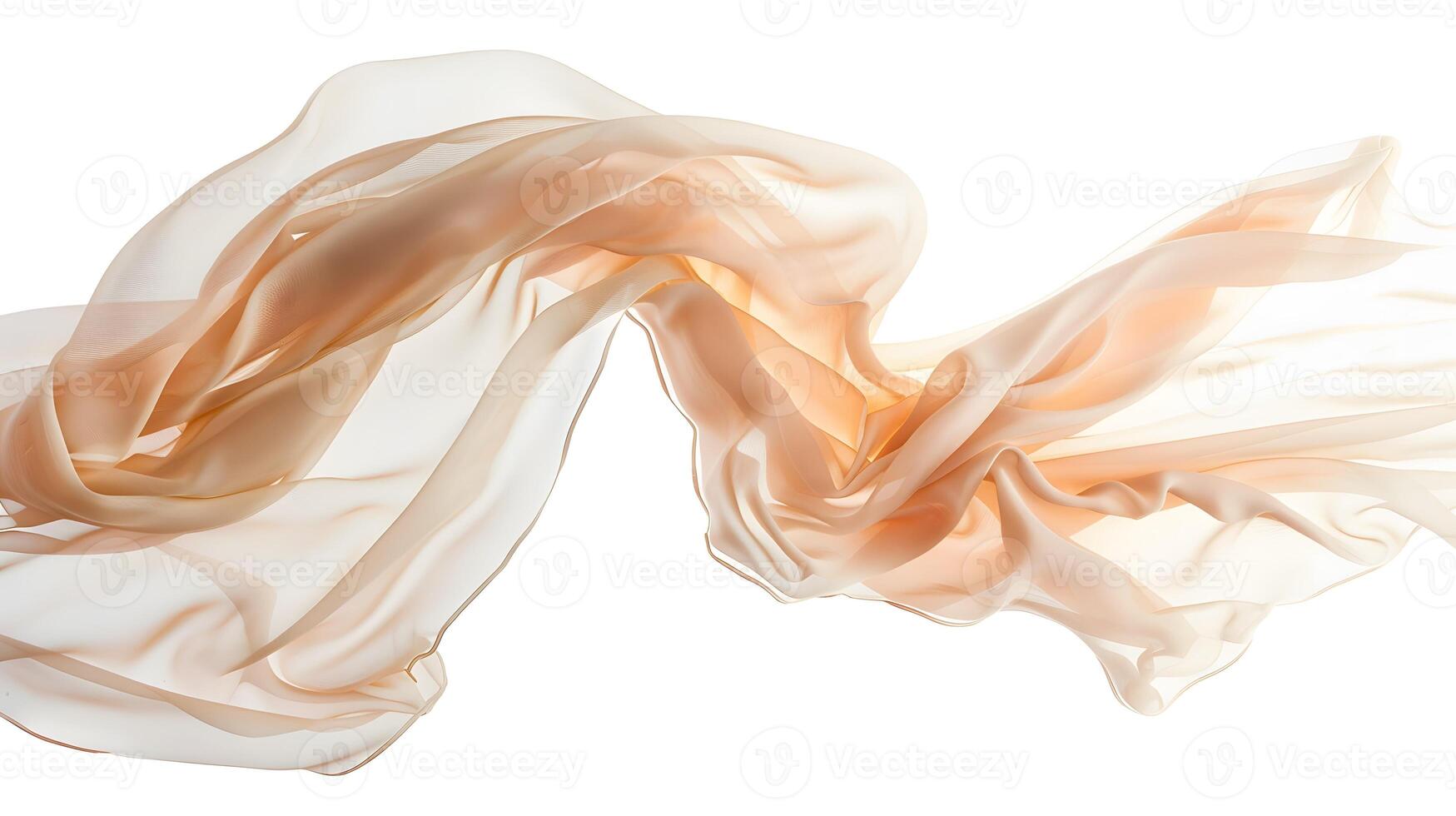 Flying beige silk satin fabric isolated on white background. Waving light brown satin fabric photo