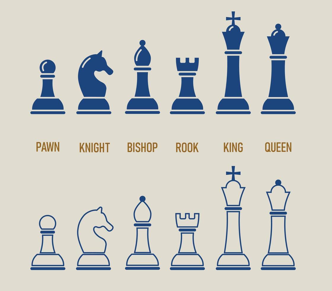 Silhouettes of chess pieces. King, Queen, rook, knight, bishop, pawn.Chess icons. Chess isolated on beige background. vector