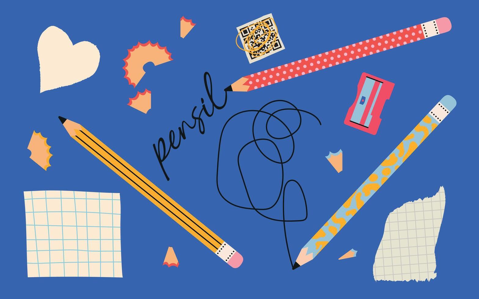 Various pencils, sharpener, checked paper, blank paper. Reminder, office, planner concept. Hand drawn illustration. Cartoon style. Isolated elements. Design templates. vector