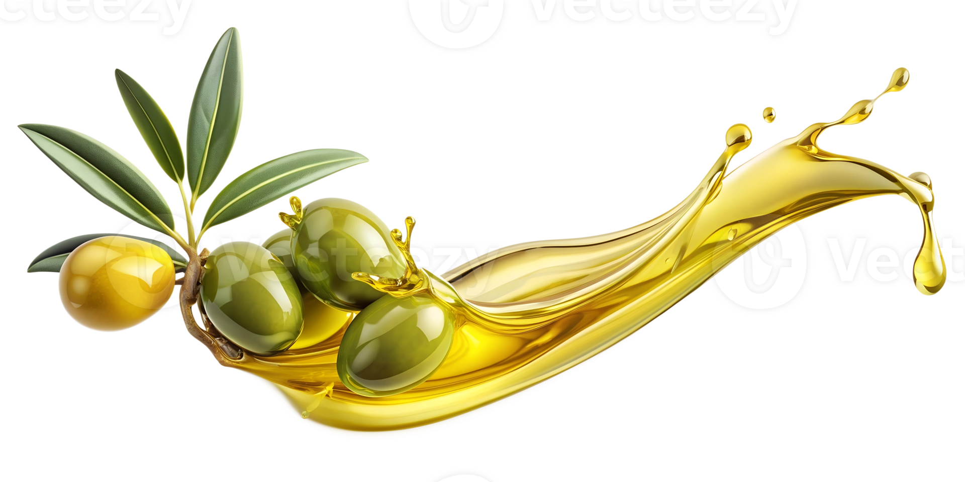 Delicious olive oil . A dynamic splash of fresh olive oil. Close-up of olives with olive leaves isolated on background. format. png
