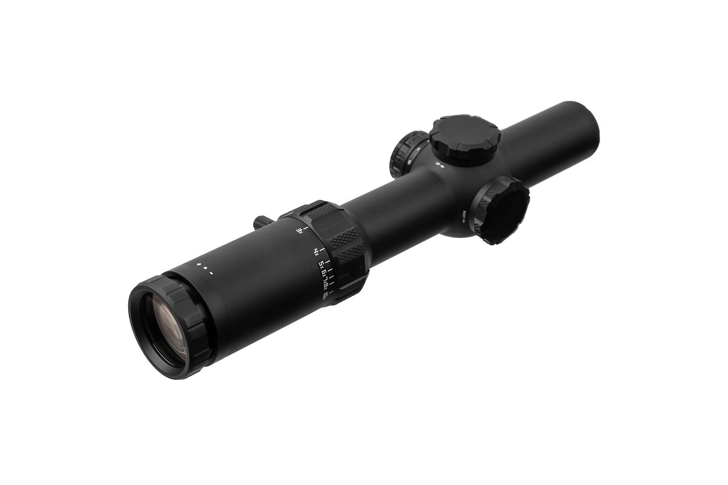 Modern sniper scope on a white back. Optical device for aiming and shooting at long distances. photo
