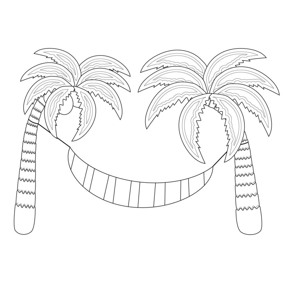 A relaxing coloring page featuring palm trees and a hammock, perfect for a tropical vacation theme. Great for kids and adults alike. vector