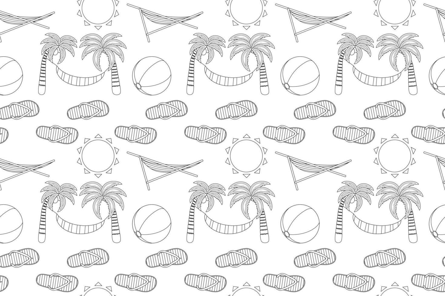 Seamless pattern featuring summer beach elements like palm trees, hammocks, and flip flops. Perfect for coloring pages and kids activities. vector