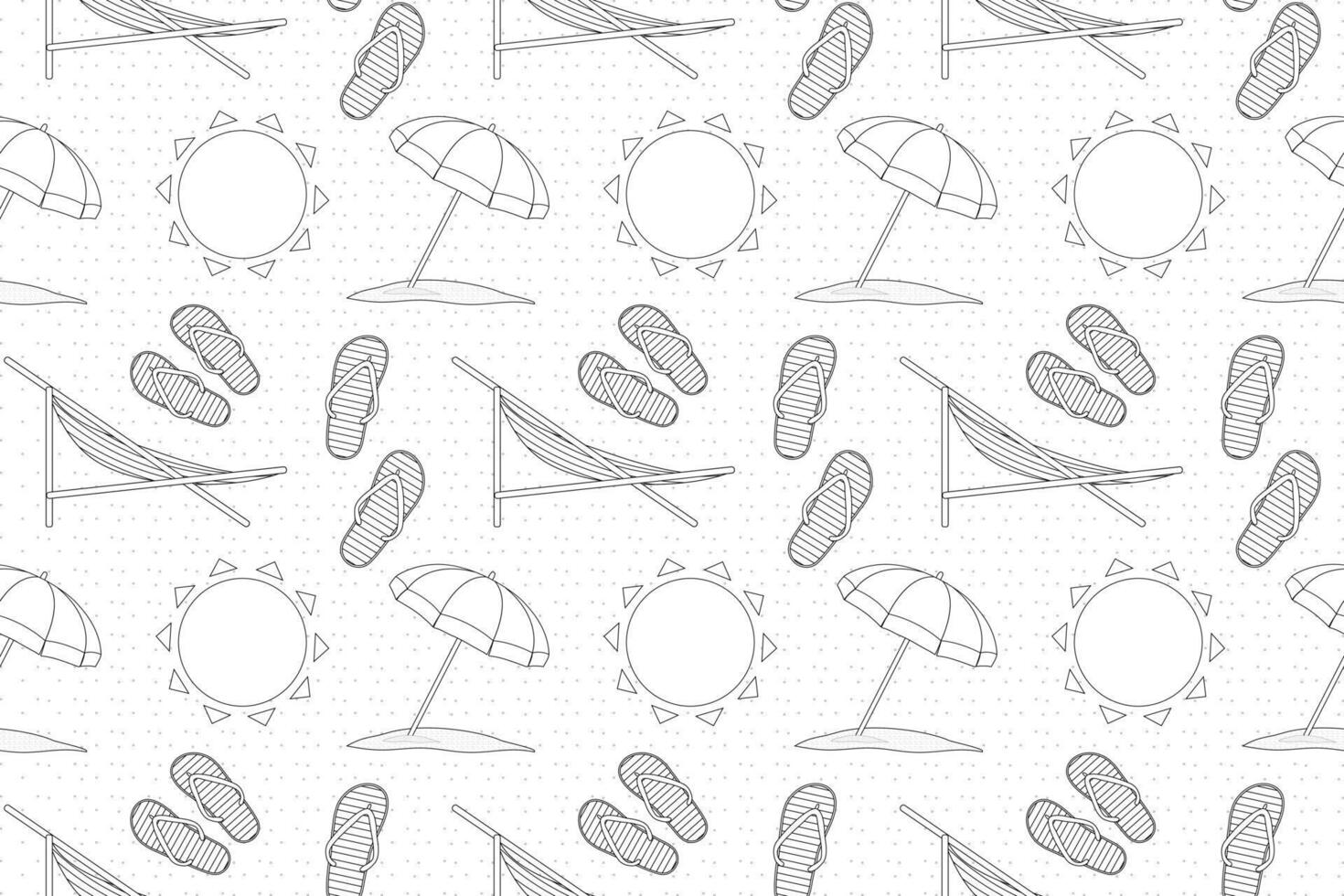 Black and white seamless pattern featuring beach umbrellas, flip flops, sun loungers, and suns. Ideal for coloring pages and summer-themed designs. vector