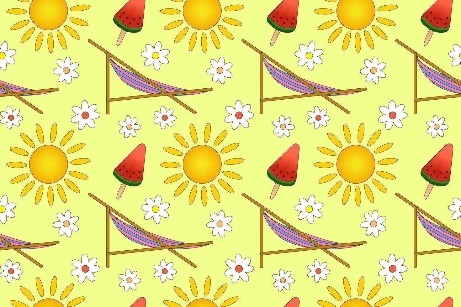 Bright and cheerful seamless pattern with summer elements like sun, hammock, and ice cream. Perfect for summer-themed designs. vector
