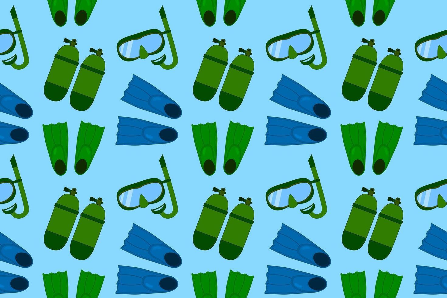 Seamless pattern featuring various diving gear such as flippers, snorkels, and tanks. Perfect for summer, travel, and aquatic designs. vector