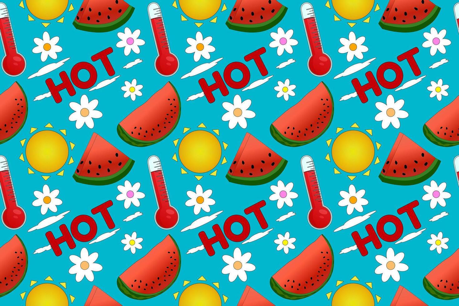 Vibrant summertime pattern featuring watermelons, suns, thermometers, and flowers. Perfect for summer-themed designs and backgrounds. vector