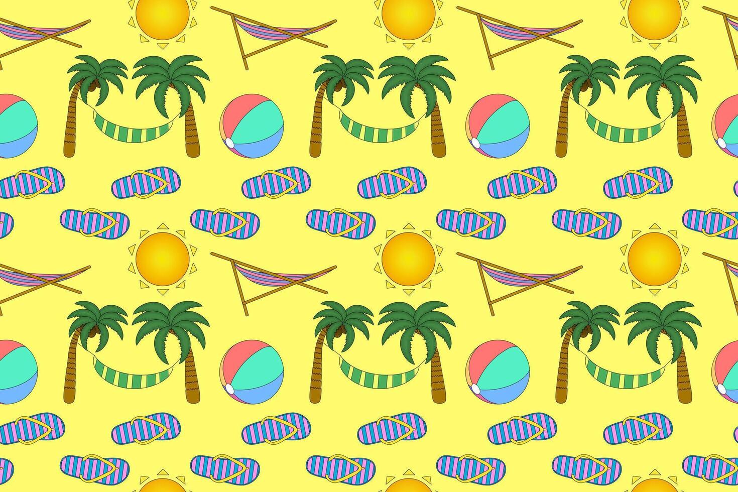 Vibrant summer pattern featuring beach balls, palm trees, hammocks, flip flops, and suns. Perfect for seasonal designs and backgrounds. vector