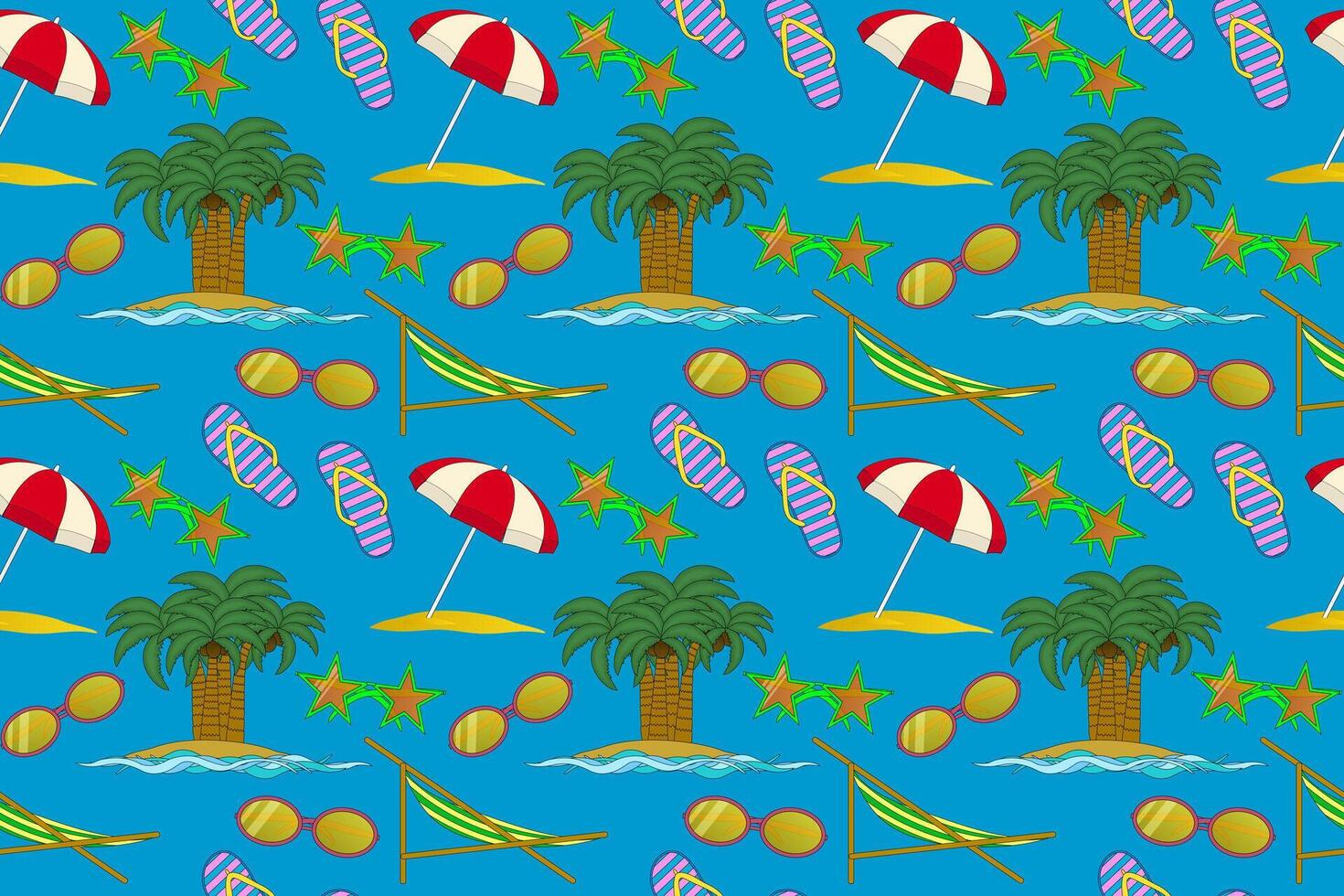 Vibrant pattern featuring palm trees, sunglasses, flip-flops, umbrellas, and beach elements. Ideal for summer-themed designs. vector