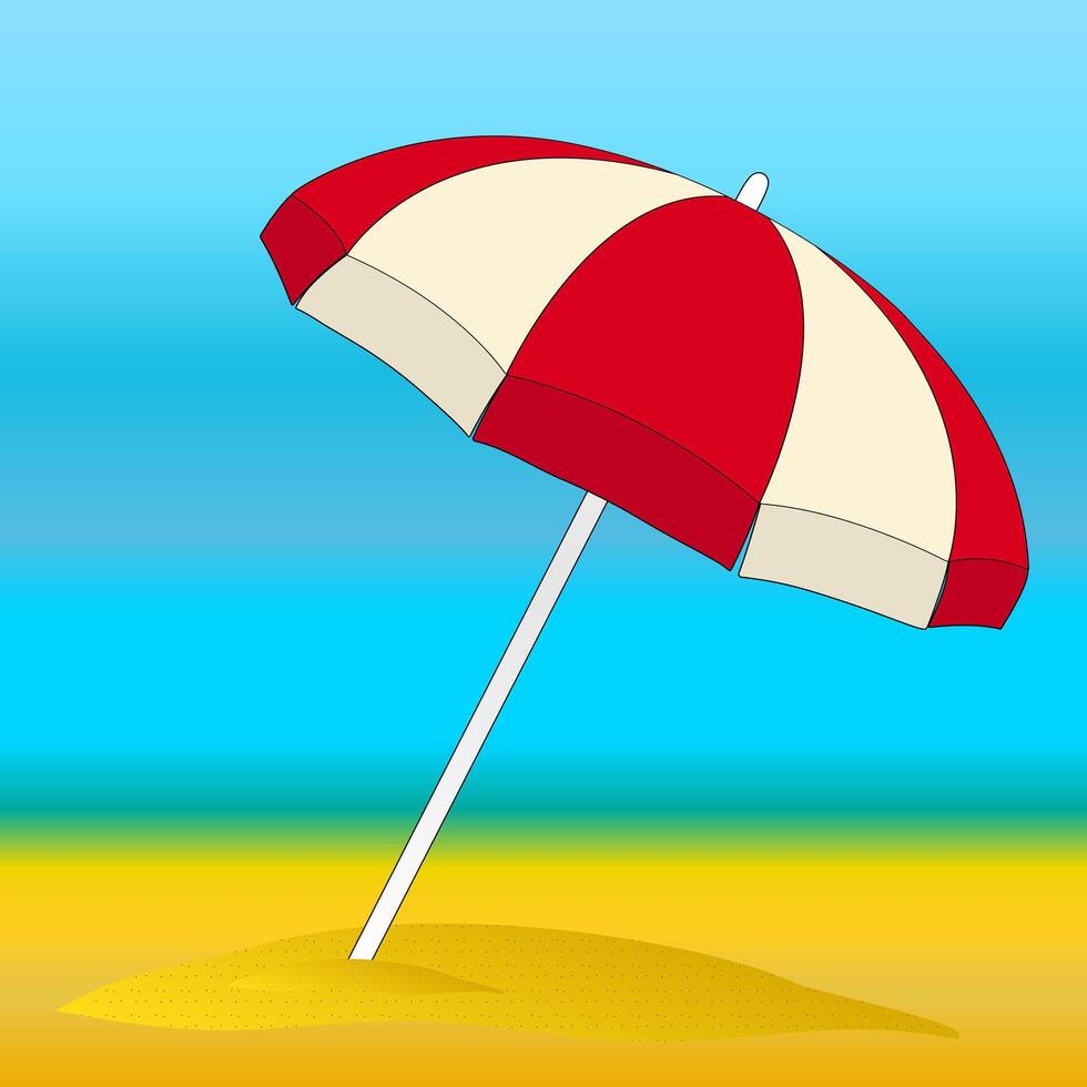 Illustration of a red and white beach umbrella in the sand against a bright blue sky. Perfect for summer-themed designs and projects. vector