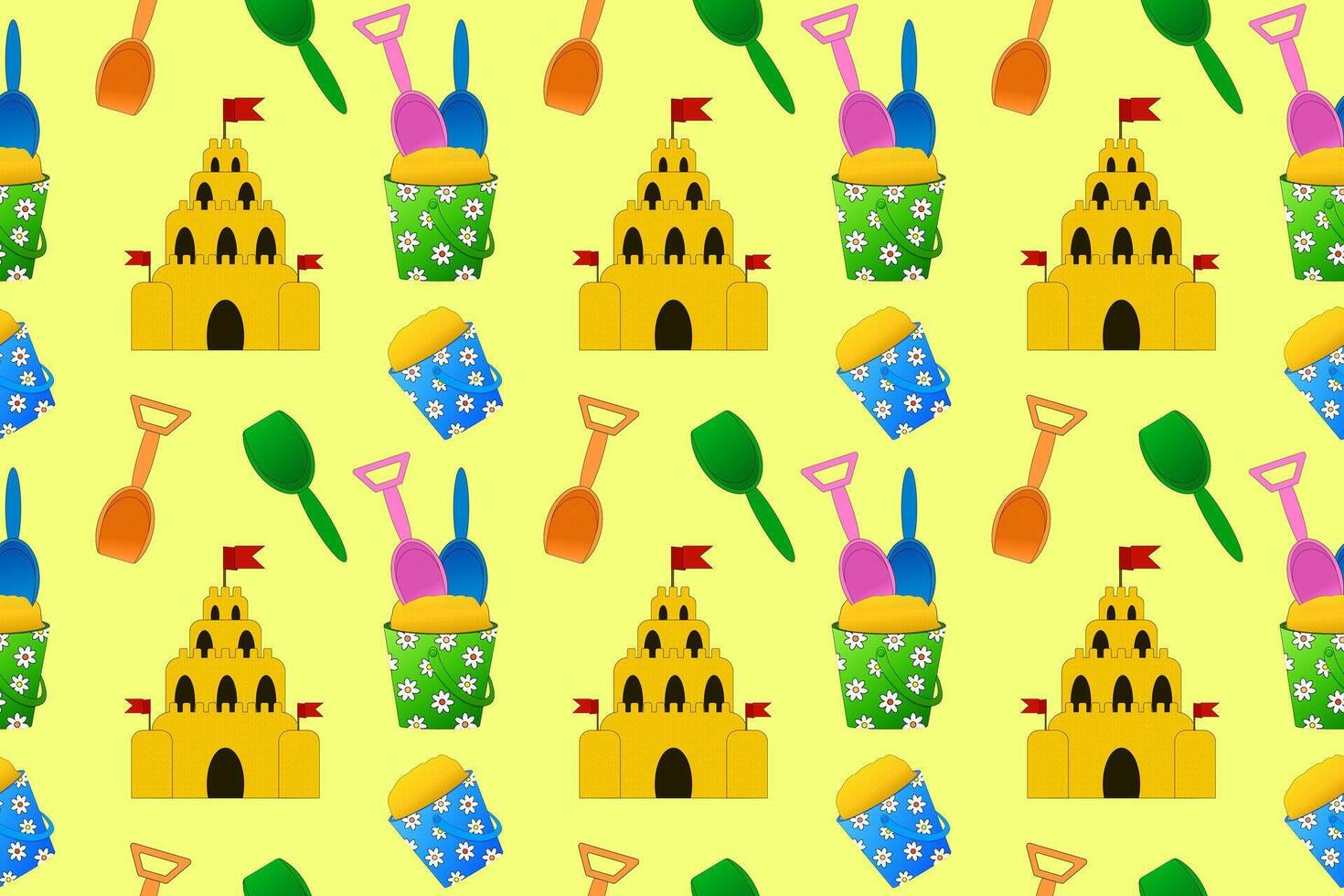 A vibrant and playful seamless pattern featuring sandcastles, shovels, and pails, perfect for summer-themed projects and designs. vector