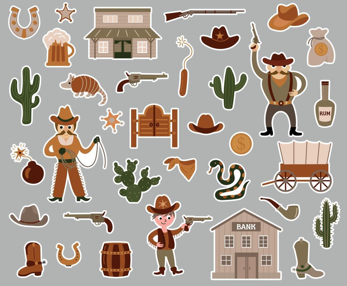 Wild West sticker set. Various objects. Cowboy theme vector