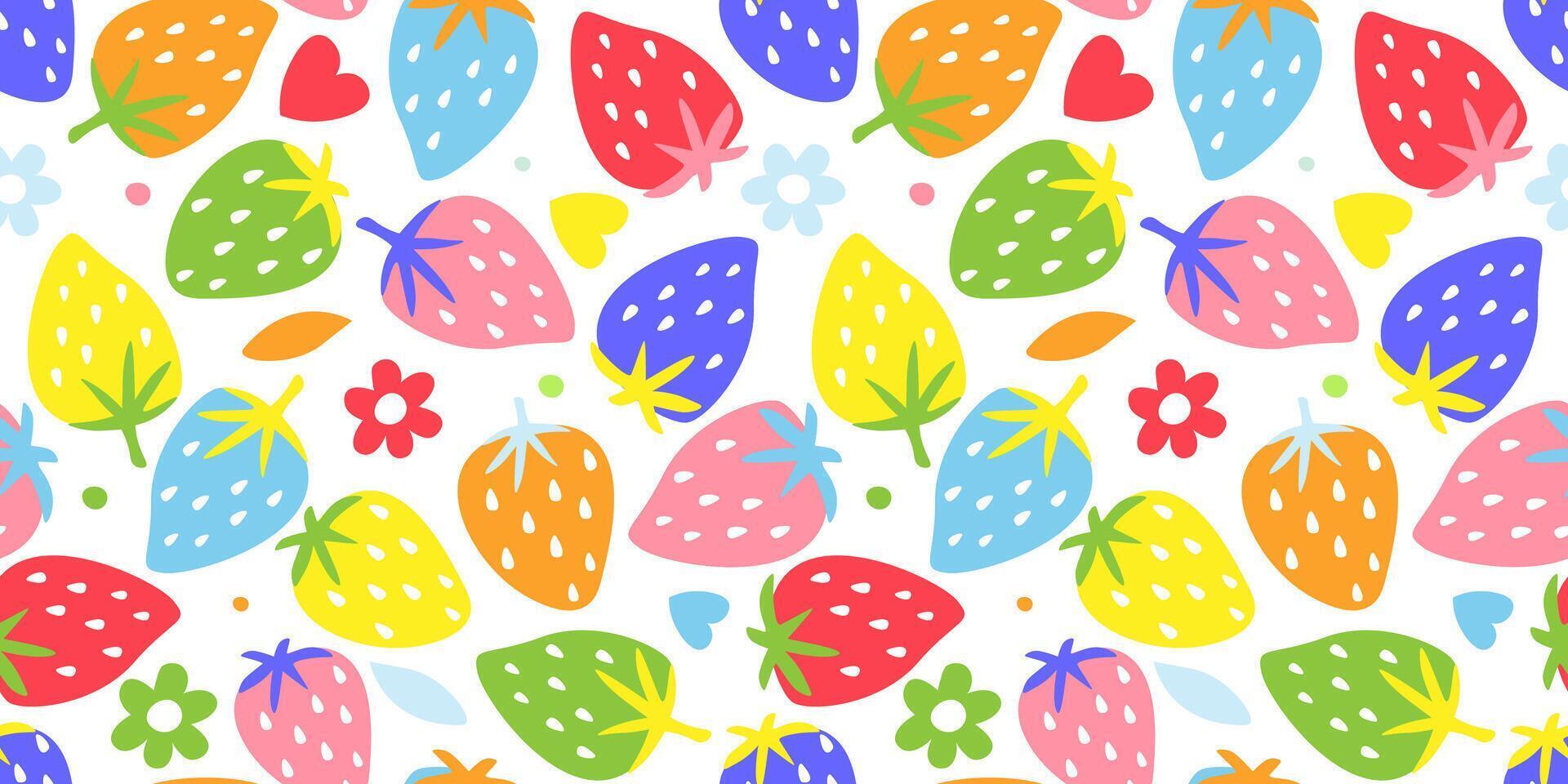 Seamless pattern with multi-colored strawberries. Bright summer print with berries. vector