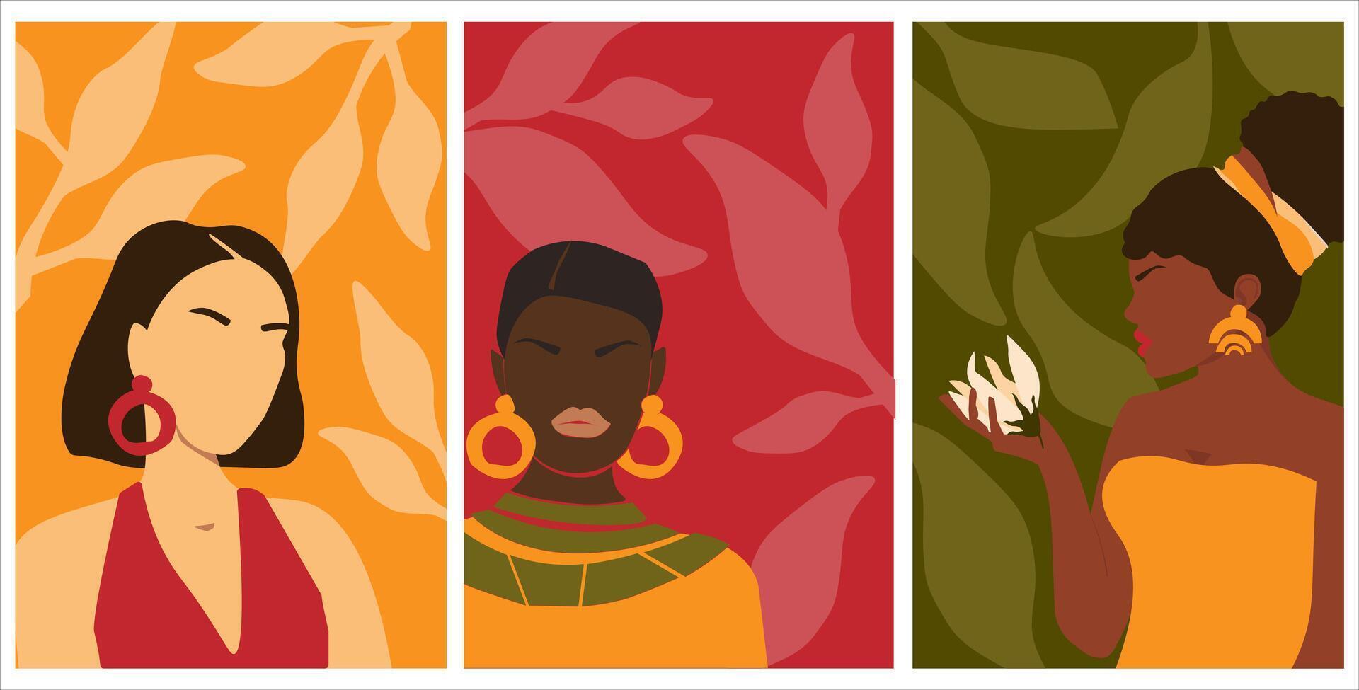 A set of abstract posters with silhouettes of women against a background of leaves. Bright summer portraits of girls. vector