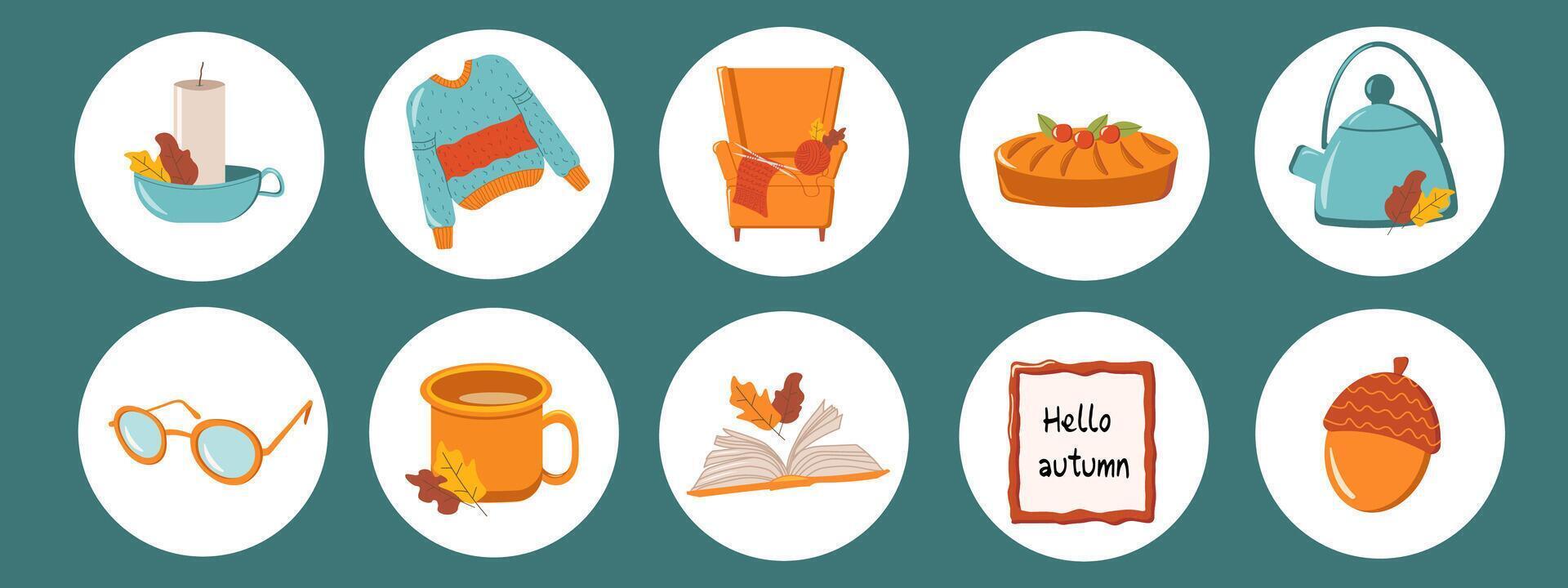 Autumn set of round stickers or badges with mug, armchair, sweater, knitting, acorn, glasses, kettle, book, sheets, candle, pie, frame hello autumn in a simple style. vector