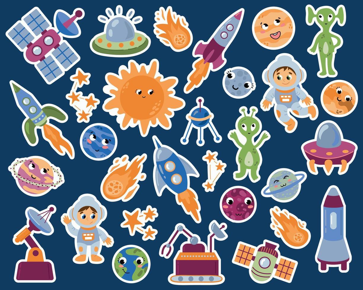 A set of space stickers. Space bundle in cartoon style with planets, kids astronauts on dark background. vector